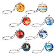 8Pcs 8 Colors Luminous Glass Pendant Keychain, with Alloy Key Rings, Glow In The Dark, Round with Galaxy, Mixed Color, 8cm, 1pc/color(KEYC-FH0001-46)