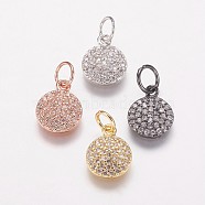 Brass Cubic Zirconia Pendants, Flat Round Charms, Mixed Color, 10x8x2mm, Hole: 3mm(ZIRC-K070-21)