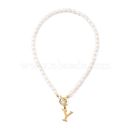 304 Stainless Steel Pendant Necklaces, with Natural Cultured Freshwater Pearl Beads and Toggle Clasps, Letter, Golden, Letter.Y, 15.94 inch(40.5cm), Letter Y: 20x17.5x1.5mm(NJEW-JN03090-06)