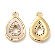 Brass Micro Pave Cubic Zirconia Charms, with Shell, Teardrop, Real 18K Gold Plated, 13x9x2mm, Hole: 1mm(KK-B074-17G)