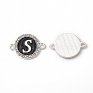 Alloy Enamel Links Connectors, with Crystal Rhinestones, Flat Round with Letter, Silver Color Plated, Letter.S, 22x16x2mm, Hole: 1.8mm(ENAM-TAC0003-01S-02S)