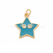 Brass Micro Pave Clear Cubic Zirconia Pendants, with Enamel & Jump Ring, Cadmium Free & Nickel Free & Lead Free, Star Smiling Face, Real 16K Gold Plated, Sky Blue, 19x17x2mm, Jump Ring: 5x1mm, 3mm inner diameter(ZIRC-S067-065B-NR)