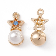 Alloy Rhinestone Pendants, with ABS Plastic Imitation Pearl Beads, Star with Round Charm, Golden, 19x9x8mm, Hole: 1.4mm(ALRI-K049-06G)