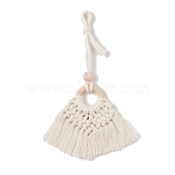 Handmade Macrame Nylon Thread Pendant Decorations with Wood Beads, for Bag or Keychain Ornaments, Fan, White, 240mm(HJEW-P019-03A)