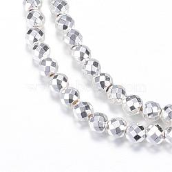 Electroplate Non-magnetic Synthetic Hematite Bead Strands, Round, Faceted, Silver Plated, 4mm, Hole: 1mm, about 98~102pcs/strand, 15.7 inch(G-Q465-16S)