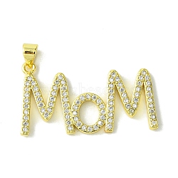 Mother's Day Real 18K Gold Plated Brass Micro Pave Cubic Zirconia Pendants, Word Mom, Clear, 19x33.5x2mm, Hole: 5x3.5mm(KK-H472-06C-G01)