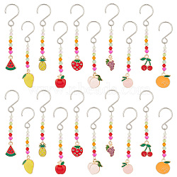 Alloy Enamel Fruit Pendant Decorations, with Glass Beads and Stainless Steel S-Hook Clasps, Watermelon Slice/Mango/Orange, Mixed Color, 69~74mm, 10 style, 2pcs/style, 20pcs/box(HJEW-AB00279)