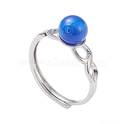 Adjustable Brass Finger Rings, with Lampwork Beads, Round, Platinum, Royal Blue, Size 6, Inner Diameter: 17mm(RJEW-K231-A05)