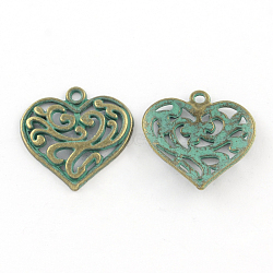 Zinc Alloy Pendants, Cadmium Free & Nickel Free & Lead Free, Heart, Antique Bronze & Green Patina, 21x21x3mm, Hole: 2mm(X-PALLOY-R065-054-FF)