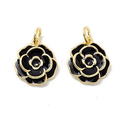 Rack Plating Brass Pendants, with Enamel and Jump Rings, Real 18K Gold Plated, Cadmium Free & Lead Free, Flower, Black, 17x15x4mm, Jump Ring: 6x1mm, 4mm Inner Diameter(KK-I684-05G-01-RS)