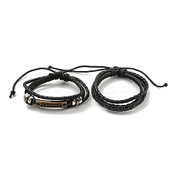 Braided PU Leather & Waxed Cords Triple Layer Multi-strand Bracelets, Alloy Links Bracelets, Mixed Shapes, Inner Diameter: 2-1/4~3-3/4 inch(5.7~9.5cm)(BJEW-P329-06)