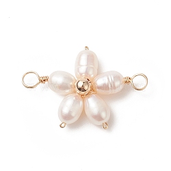 Natural Cultured Freshwater Pearl Connector Charms, with Copper Wire Wrapped, Flower Links, Golden, 28.5x19x6mm, Hole: 3.2mm(PALLOY-JF02025)