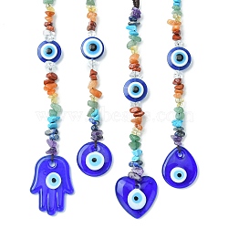 Gemstone Chip Beaded Pendant Decorations, with Evil Eye Lampwork and Nylon Thread Hanging Ornaments, Mixed Shapes, 224~261mm, Pendant: 175~211x29~36x7.5~8mm(HJEW-JM01129)