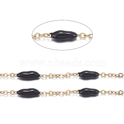Handmade Enamel Beaded Chains, with Stainless Steel Curb Chains and Spool, Soldered, Long-Lasting Plated, Golden, Black, 1.5x1x0.1mm, about 32.8 Feet(10m)/roll(CHS-I007-06G-12)