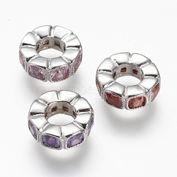 Long-Lasting Plated Brass Bead Spacers, with Cubic Zirconia, Flat Round, Platinum, Mixed Color, 10x4mm, Hole: 5mm(KK-G289-04)
