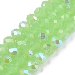 Electroplate Glass Beads Strands, Imitation Jade Beads, Half Plated, Rainbow Plated, Faceted, Rondelle, Light Green, 6x5mm, Hole: 1mm, about 84~85pcs/strand, 41.5~42cm(EGLA-A044-J6mm-L08)