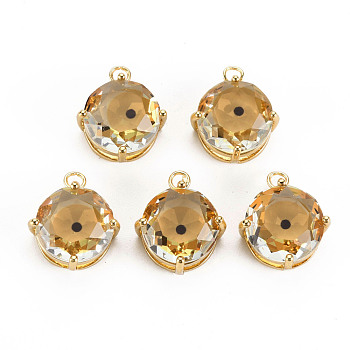 Transparent Glass Pendants, with Brass Prong Settings, Faceted, Flat Round with Eye, Light Gold, Goldenrod, 17x14x7.5mm, Hole: 2mm