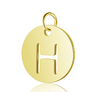 304 Stainless Steel Charms, Flat Round with Letter, Golden, Letter.H, 12x1mm, Hole: 2.5mm