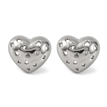 304 Stainless Steel Hollow Heart Stud Earrings, Silver, 15.5x18mm