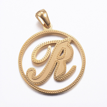 Ion Plating(IP) 304 Stainless Steel Pendants, Flat Round with Letter, Golden, Letter.R, 28x25x1.2mm, Hole: 6x3.5mm