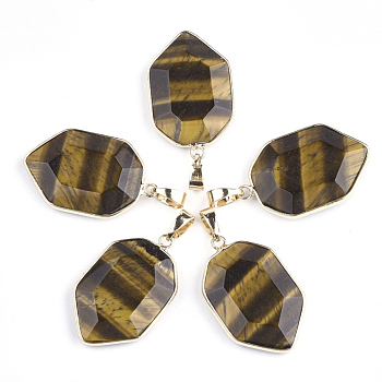 Natural Tiger Eye Pendants, with Brass Findings, Faceted, Shield, Golden, 36x22.5x6mm, Hole: 8x4.5mm