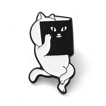 Cat with Book Enamel Pin, Animal Alloy Enamel Brooch for Backpack Clothes, Electrophoresis Black, White, 29x17x9.5mm, Pin: 1mm