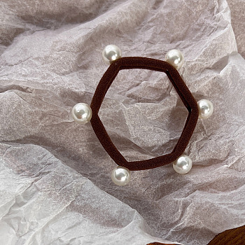 Hexagon Cloth Elastic Hair Accessories, Plastic Imitation Pearl Bead Hair Ties, for Girls or Women, Coconut Brown, 50mm