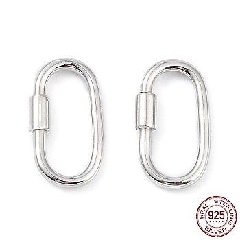 Rhodium Plated 925 Sterling Silver Locking Carabiner Clasps, Oval, Platinum, 15x8.5x1.5mm