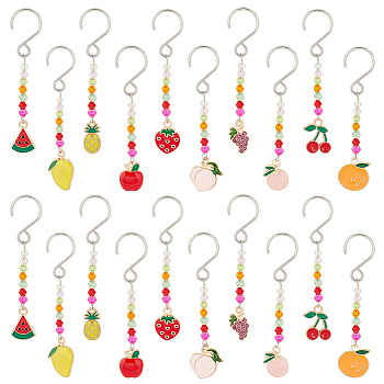 Alloy Enamel Fruit Pendant Decorations, with Glass Beads and Stainless Steel S-Hook Clasps, Watermelon Slice/Mango/Orange, Mixed Color, 69~74mm, 10 style, 2pcs/style, 20pcs/box