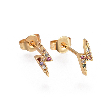 Brass Micro Pave Cubic Zirconia Flash Crawler Stud Earrings, Climber Earrings, with Brass Ear Nuts, Lightning Bolt, Colorful, Golden, 9x3.5mm, Pin: 0.7mm