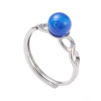 Adjustable Brass Finger Rings, with Lampwork Beads, Round, Platinum, Royal Blue, Size 6, Inner Diameter: 17mm