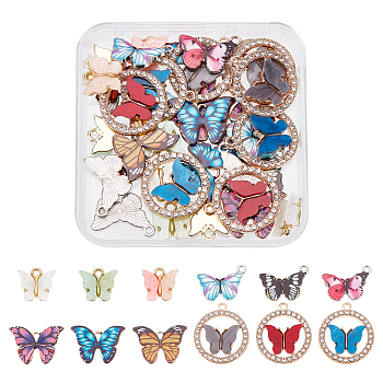 SUPERFINDINGS 48Pcs 12 Color Alloy Butterfly Pendants, with Rhinestone, Glitter Powder and Printed Enamel, Mixed Color, 13~24.5x13~20x2~3.5mm, Hole: 1.6~2mm, 4Pcs/Color, 12 Color, 48PCS