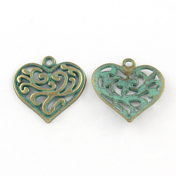 Zinc Alloy Pendants, Cadmium Free & Nickel Free & Lead Free, Heart, Antique Bronze & Green Patina, 21x21x3mm, Hole: 2mm