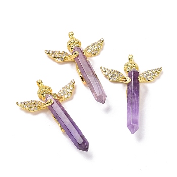 Natural Amethyst Faceted Double Terminal Pointed Big Pendants, Angel Charms, with Golden Tone Brass Findings, 54~56x34~36x11~12mm, Hole: 3mm
