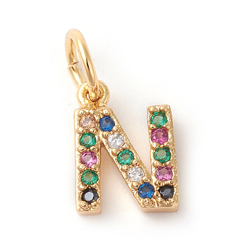 Brass Micro Pave Colorful Cubic Zirconia Charms, Golden, Letter.N, 9x6.5x2mm, Hole: 3mm