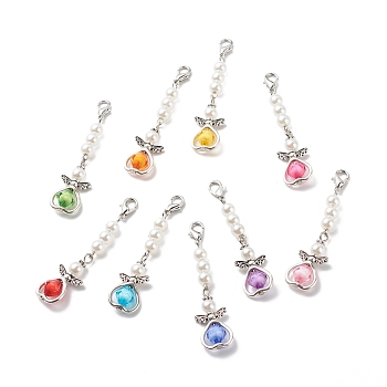 Acrylic Imitation Pearl Beaded Angel Pendant Decorations, Clip-on Charms, with Alloy Lobster Claw Clasps, Mixed Color, 58mm
