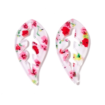 Transparent Acrylic Pendants, Leaf with Flower Pattern, Red, 39x19x2mm, Hole: 1.6mm