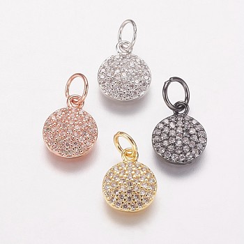 Brass Cubic Zirconia Pendants, Flat Round Charms, Mixed Color, 10x8x2mm, Hole: 3mm