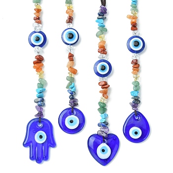 Gemstone Chip Beaded Pendant Decorations, with Evil Eye Lampwork and Nylon Thread Hanging Ornaments, Mixed Shapes, 224~261mm, Pendant: 175~211x29~36x7.5~8mm