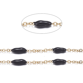Handmade Enamel Beaded Chains, with Stainless Steel Curb Chains and Spool, Soldered, Long-Lasting Plated, Golden, Black, 1.5x1x0.1mm, about 32.8 Feet(10m)/roll