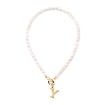 304 Stainless Steel Pendant Necklaces, with Natural Cultured Freshwater Pearl Beads and Toggle Clasps, Letter, Golden, Letter.Y, 15.94 inch(40.5cm), Letter Y: 20x17.5x1.5mm