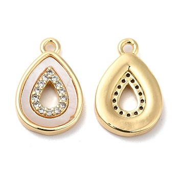 Brass Micro Pave Cubic Zirconia Charms, with Shell, Teardrop, Real 18K Gold Plated, 13x9x2mm, Hole: 1mm