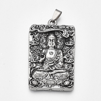 Tibetan Style Alloy Big Pendants, Rectangle with Buddha, Antique Silver, 53x32x5mm, Hole: 8.5x3.5mm