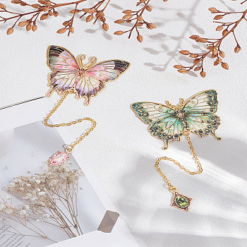 2Pcs 2 Styles Butterfly Alloy Enamel Charms Bookmarks with Chain, for Book Lovers Writers Readers, Mixed Color, 145mm, pendant: 19~19.5x9~13x0.5mm, 1pc/style