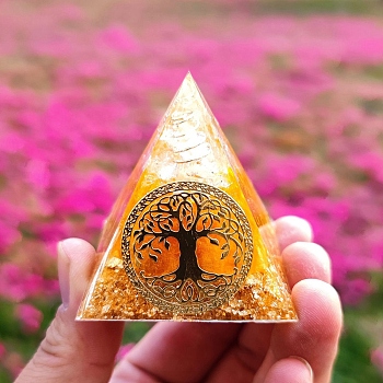 Orgonite Pyramid Resin Energy Generators, Reiki Natural Citrine Chips with Tree of Life for Home Office Desk Decoration, 50mm