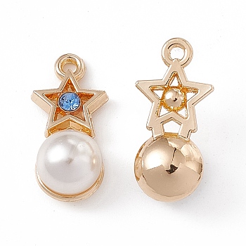 Alloy Rhinestone Pendants, with ABS Plastic Imitation Pearl Beads, Star with Round Charm, Golden, 19x9x8mm, Hole: 1.4mm