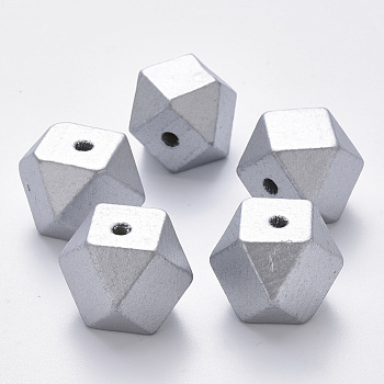Painted Natural Wood European Beads, Large Hole Beads, Polygon, Silver, 19.5x19.5x20mm, Hole: 4.5mm