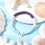 Flat Round Handmade Polymer Clay Heishi Beaded Stretch Bracelets, Stackable Bracelets for Women, with Synthetic Turquoise Chip, Starfish, Inner Diameter: 2-1/8 inch(5.5cm), starfish: 14.5x15x5.5mm(BJEW-JB11802-02)