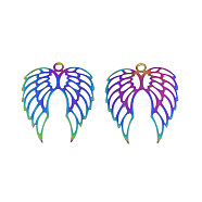 201 Stainless Steel Pendants, Etched Metal Embellishments, Wing, Rainbow Color, 40x33x0.3mm, Hole: 3mm(STAS-N102-09M)