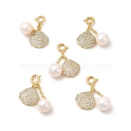 Brass Pave Clear Cubic Zirconia Shell Spring Ring Clasp Charms, with Natural Pearl Round Beads, Real 14K Gold Plated, 26mm, Bead: 26x8x8mm, Shell: 22x13.5x2.5mm(KK-I697-31G)